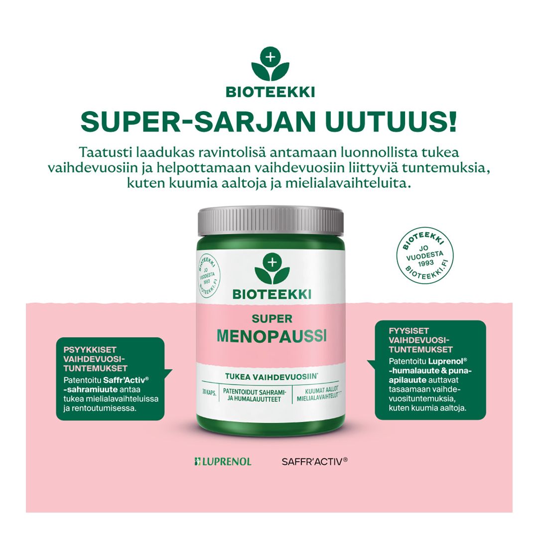 Bioteekki Super Menopaussi; vaaleanpunainen ja vihreä Bioteekki Super Menopaussi -ravintolisäpurkki, suomenkielinen teksti kuvaa käyttöä vaihdevuosien tukena; muovinen purkki mattapinnalla ja lieriömäisellä muodolla, etiketissä lihavoitu tuotenimi ja käyttöohjeet; purkin yllä ja vieressä informatiivisia tekstilaatikoita sekä Bioteekki-yrityksen logoja tasaisella taustalla; ei ihmisiä tai käsiä kuvassa.