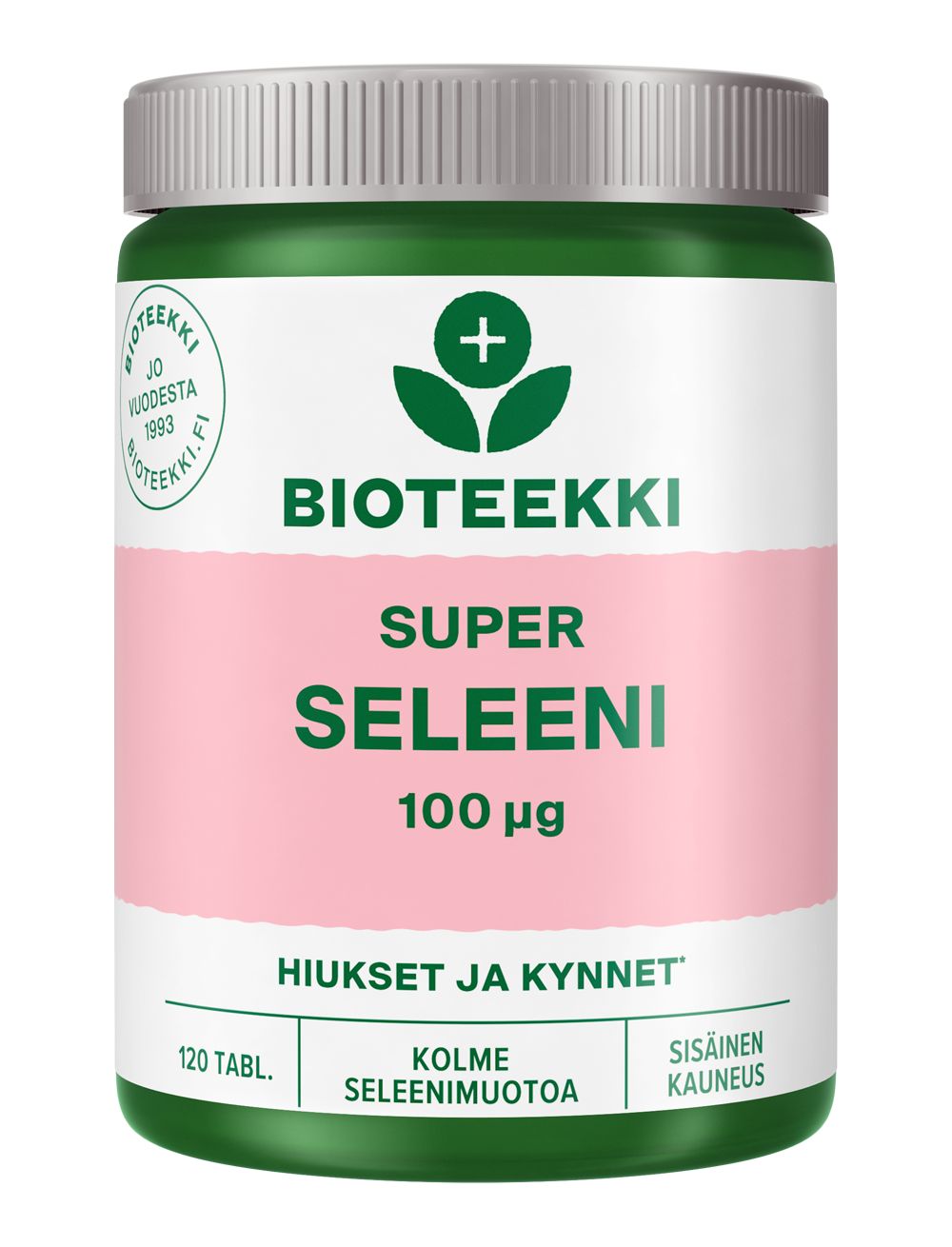 A green and white Bioteekki Super Seleeni supplement bottle, labeled 100 µg, with a pink stripe and text in Finnish, containing 120 seleeni tablets. Plastic cylindrical bottle with a white screw cap, mostly matte finish. Label features sans-serif type in black and pink. Background is plain white; there are no people or other objects visible. Shot is taken from the front at eye level.