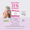 Biotin Collagen Skin Beauty -pakkaus, jonka edessä pitkähiuksinen, vaaleahiuksinen nainen pitelee valkoista mukia kasvojensa lähellä; vaaleanpunainen, suorakulmainen ja mattapintainen rasia lihavoidulla tekstausvapaalla tekstillä "Biotin Collagen Skin Beauty"; pakkauksessa maininta "25% more product" sekä viittaus biotiinin hyötyihin ihon kauneudelle; tausta vaaleanpunainen, mukana tyylitelty naishahmon siluettilogo.