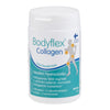 Bodyflex Collagen; valkoinen muovipullo kierrekorkilla, seisoo pystyssä yksivärisellä taustalla; mattapintaisessa etiketissä suomenkielistä tekstiä, sinistä ja vihreää lohkokirjasinta sekä yksinkertaistettu ihmishahmo nivelet korostettuna; etiketissä mainitaan 180 tablettia; ei ihmisiä tai käsiä näkyvissä.