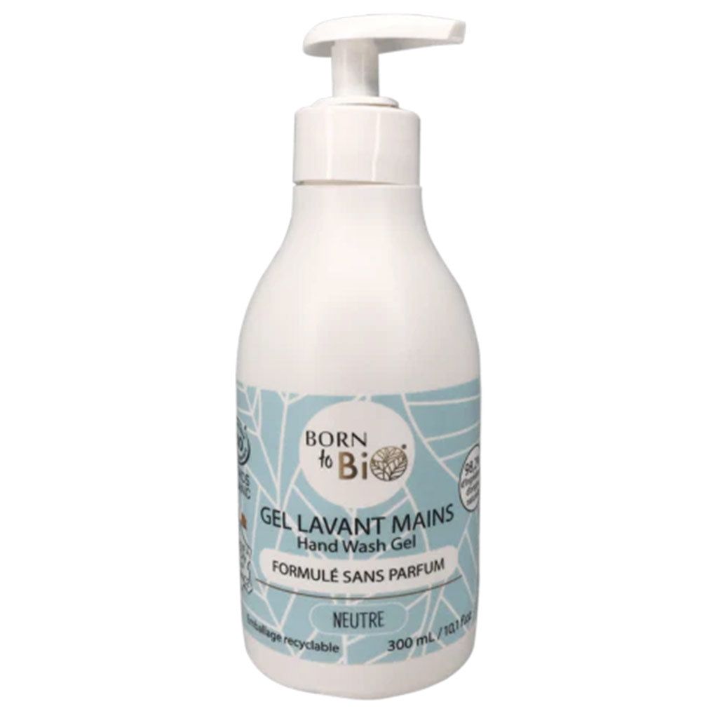 A white plastic bottle of Born to Bio Fragrance-Free Hand Wash Gel with a pump dispenser. The bottle has a matte surface and cylindrical shape. Blue rectangular label on the front, featuring clear printed text in French and English; main text is bold sans-serif. Visible “300 ml.” No people or hands. Plain background, studio shot.