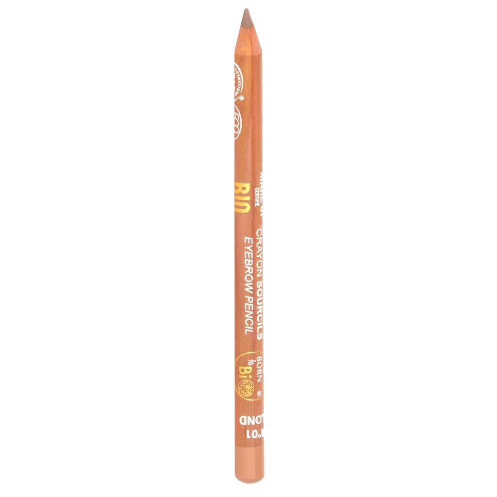 A light brown eyebrow pencil with a sharpened tip, labeled with white and gold text. Cylindrical shape with a matte surface. The product stands upright on a solid white background. Typography is simple and legible, using thin sans serif for the label. No packaging or additional objects present; no people or hands in frame.