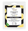 A package of Born to Bio Purity Face Mask with lemon slices and a mint leaf on a black background. The flexible pouch packaging is matte white with green accents and rounded corners. Simple sans-serif typography is used for the brand name and product details. Visible text includes organic certification indicators and lists natural ingredients. No people or hands are present in the image.