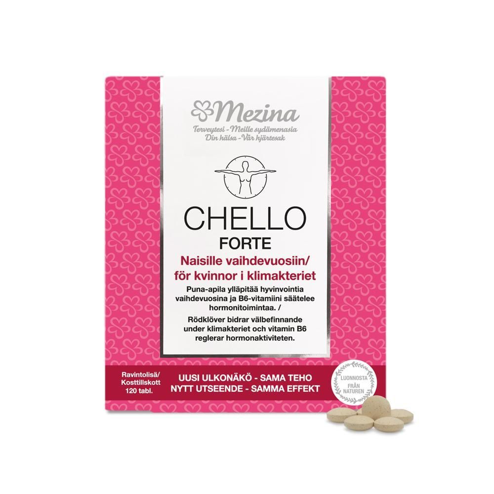 Chello Forte + B6-vitamiini; laatikko vaihdevuosi-ikäisille naisille tarkoitetulle ravintolisälle, vaaleanpunainen ja valkoinen pahvipakkaus mattapinnalla; etiketissä suomen- ja ruotsinkielinen teksti selkeällä groteskifontilla; kolme pyöreää valkoista tablettia laatikon edessä; valkoinen tausta, ei ihmisiä tai muita esineitä.
