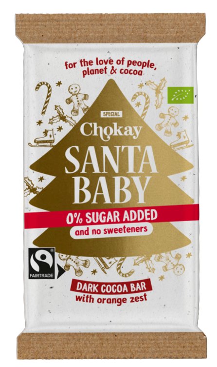 Chokay Santa Baby -tumma luomusuklaa appelsiininkuorella, jouluinen kääre ja kultainen joulukuusi