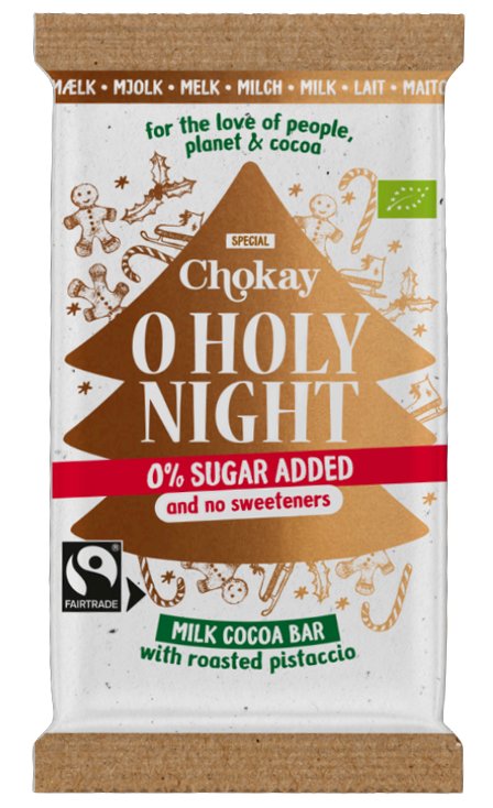 Chokay O Holy Night -luomumaitosuklaa pistaasilla, jouluinen kääre ja kullanruskea joulukuusi
