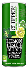Green can of Clipper Lemon, Lime & Mint Organic Fusion drink, featuring illustrated mint leaves, lemon, and lime. Tall cylindrical aluminum can with matte finish. Main text in bold white uppercase sans-serif; smaller descriptive text in yellow and white. Plain background, no people or objects visible. Eye-level product shot. Text highlights refreshing organic ingredients and zesty lemon, lime, and mint flavor.
