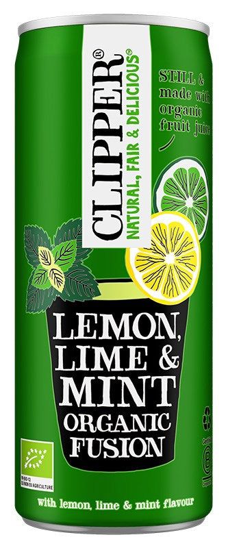 Green can of Clipper Lemon, Lime & Mint Organic Fusion drink, featuring illustrated mint leaves, lemon, and lime. Tall cylindrical aluminum can with matte finish. Main text in bold white uppercase sans-serif; smaller descriptive text in yellow and white. Plain background, no people or objects visible. Eye-level product shot. Text highlights refreshing organic ingredients and zesty lemon, lime, and mint flavor.