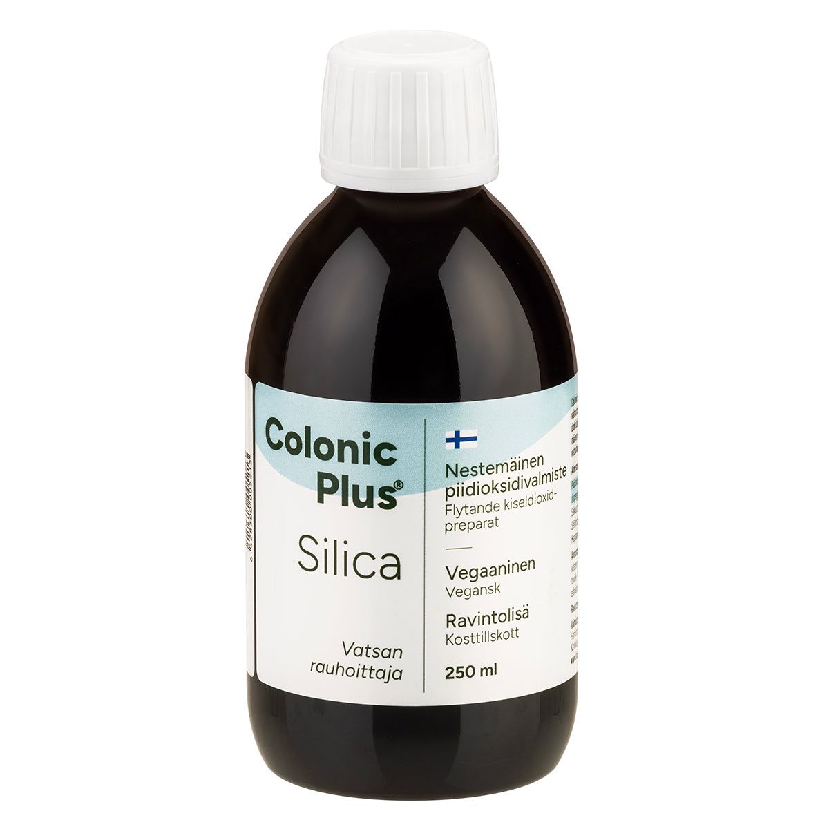 A brown plastic bottle labeled Colonic Plus Silica, with text in Finnish and Swedish, and a white cap. The surface is glossy. The label is primarily white with bold sans-serif black and green text. Circular vegan symbol is visible. Volume stated as 250 ml liquid silica; dietary supplement noted on label. No people or hands present, background plain and uncluttered.