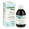 A bottle and box of Colonic Plus Silica, a Finnish vegan dietary supplement featuring silica. The packaging is white and light blue with text in Finnish and Swedish. The dark bottle has a white plastic cap and matte finish; the box is rectangular with similar color scheme. Label fonts are sans-serif, centrally aligned. Neutral, flat background; product photographed front-on, no people or hands present.