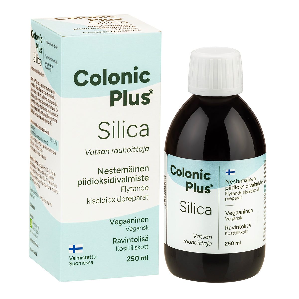 A bottle and box of Colonic Plus Silica, a Finnish vegan dietary supplement featuring silica. The packaging is white and light blue with text in Finnish and Swedish. The dark bottle has a white plastic cap and matte finish; the box is rectangular with similar color scheme. Label fonts are sans-serif, centrally aligned. Neutral, flat background; product photographed front-on, no people or hands present.