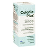 A white and light blue box labeled Colonic Plus Silica, a vegan dietary supplement. Rectangular, with a matte finish. The package features clean, sans-serif typography in black and blue. The label is printed in Finnish and Swedish, indicating 250 ml volume and manufactured in Finland. No people or hands present; background is plain white; single product shot.