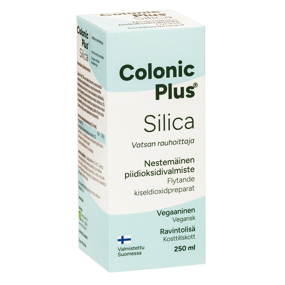 A white and light blue box labeled Colonic Plus Silica, a vegan dietary supplement. Rectangular, with a matte finish. The package features clean, sans-serif typography in black and blue. The label is printed in Finnish and Swedish, indicating 250 ml volume and manufactured in Finland. No people or hands present; background is plain white; single product shot.