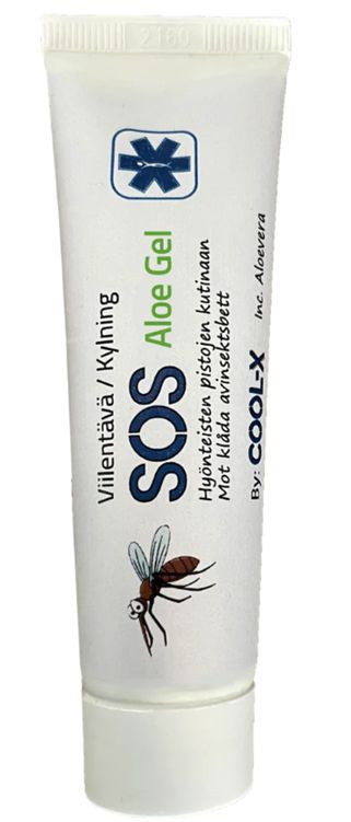 A white tube of SOS Aloe Gel featuring blue and green text, a medical cross symbol, and a drawing of a mosquito. The tube has a smooth matte surface and rounded edges. All label text is printed in clean sans-serif fonts. The background is plain white. No people, hands, or additional objects are visible in the shot.