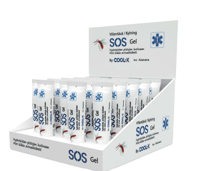 A display box with several SOS Gel tubes for soothing insect bites and itching relief. The tubes and box are primarily white and blue, with a matte finish. Packaging displays a blue medical cross symbol, a mosquito graphic, and bilingual text in Finnish and English in sans-serif font. All items have uniform cylindrical shapes. No people or hands are present. Box sits on a plain surface against an unadorned background.