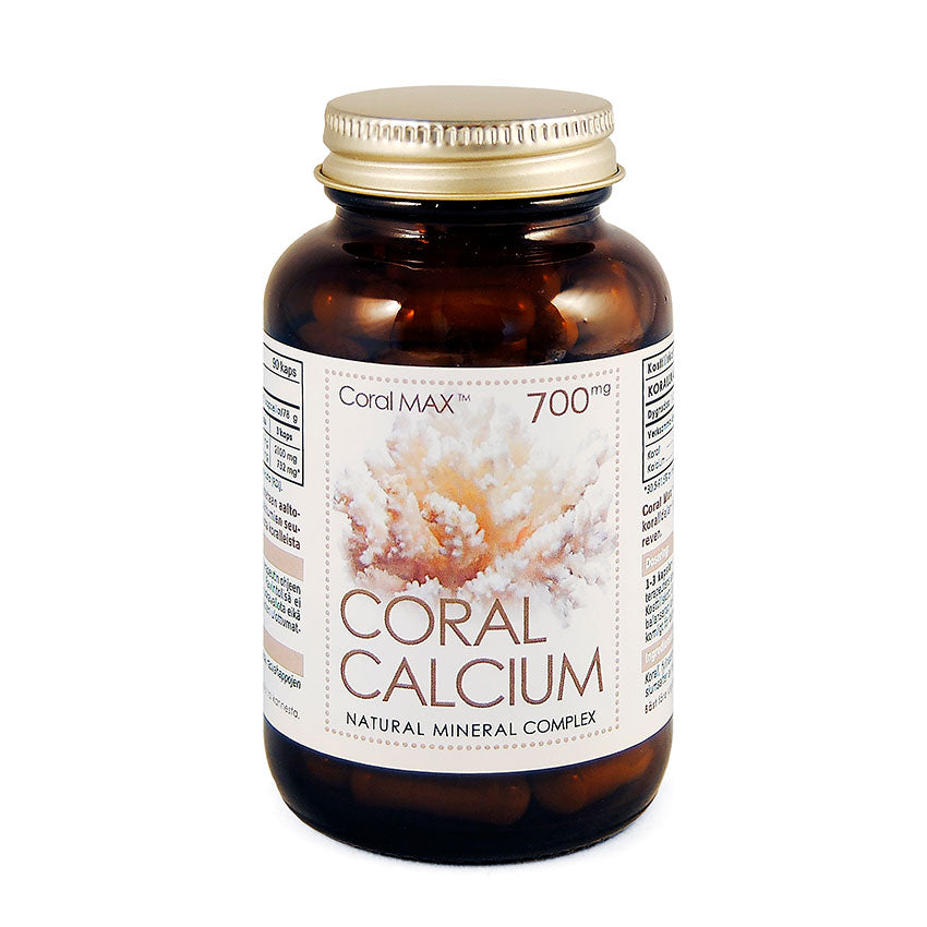 Coral Calcium 700 mg -ravintolisäpurkki ruskeasta lasista, kultainen korkki, koralliaiheinen etiketti