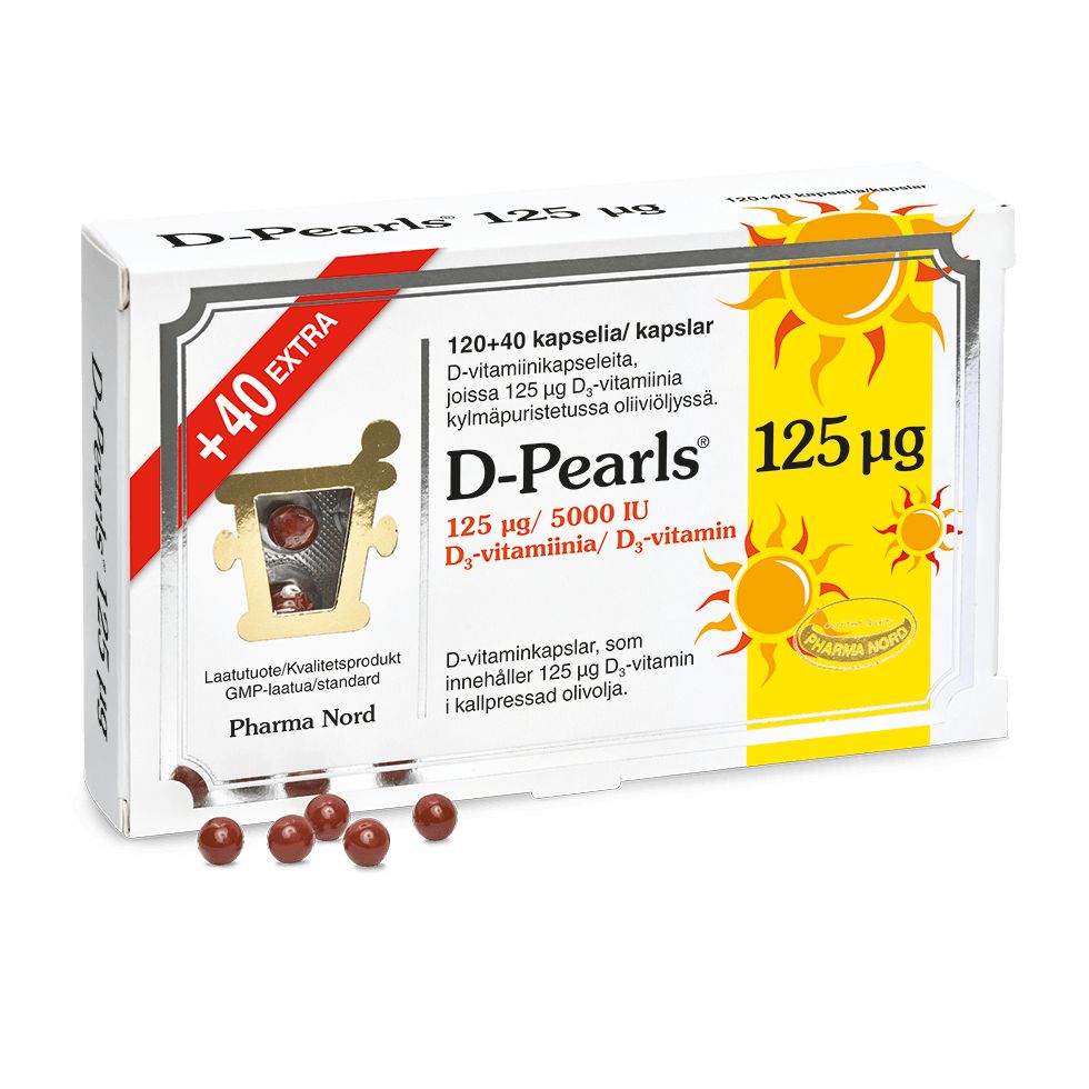 D-Pearls 125 mikrog -pakkaus, sisältää 160 D3-vitamiinikapselia oliiviöljyssä; suorakulmainen pakkaus valkoinen keltaisin osioin ja aurinkokuvituksin, mustaa ja kultaista tekstausvapaata typografiaa; useita läpikuultavia kultaisia geelikapseleita aseteltuna tasaiselle pinnalle laatikon eteen; kuvan tausta valkoinen; ei ihmisiä tai käsiä näkyvissä.
