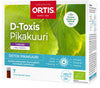 D-Toxis Detox pikakuuri vadelma; suorakulmainen, mattapintainen ja pääosin valkoinen-vaaleanpunainen pahvipakkaus vihrein korostuksin ja lehtikuvituksin, vegaani- ja kasviperäisyyskuvakkeet; lihavoitu groteskiteksti tuotenimestä; kertoo 7 päivän vadelmanmakuisesta detox-kuurista, joka tukee munuaisten toimintaa; neutraali tausta.