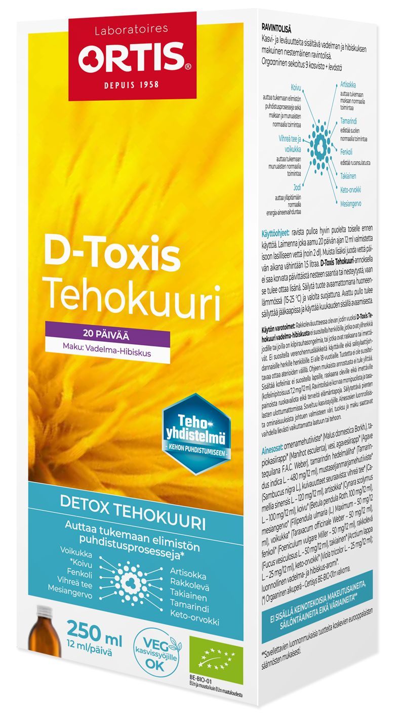 D-Toxis Detox tehokuuri vadelma; suorakulmainen, mattapintainen ja valkoinen-vihreä pahvipakkaus kasvikuvituksin; lihavoitu groteskiteksti tuotenimestä ja pienempi teksti ainesosista, käyttöohjeista ja terveystiedoista suomeksi; neutraali studiotausta.