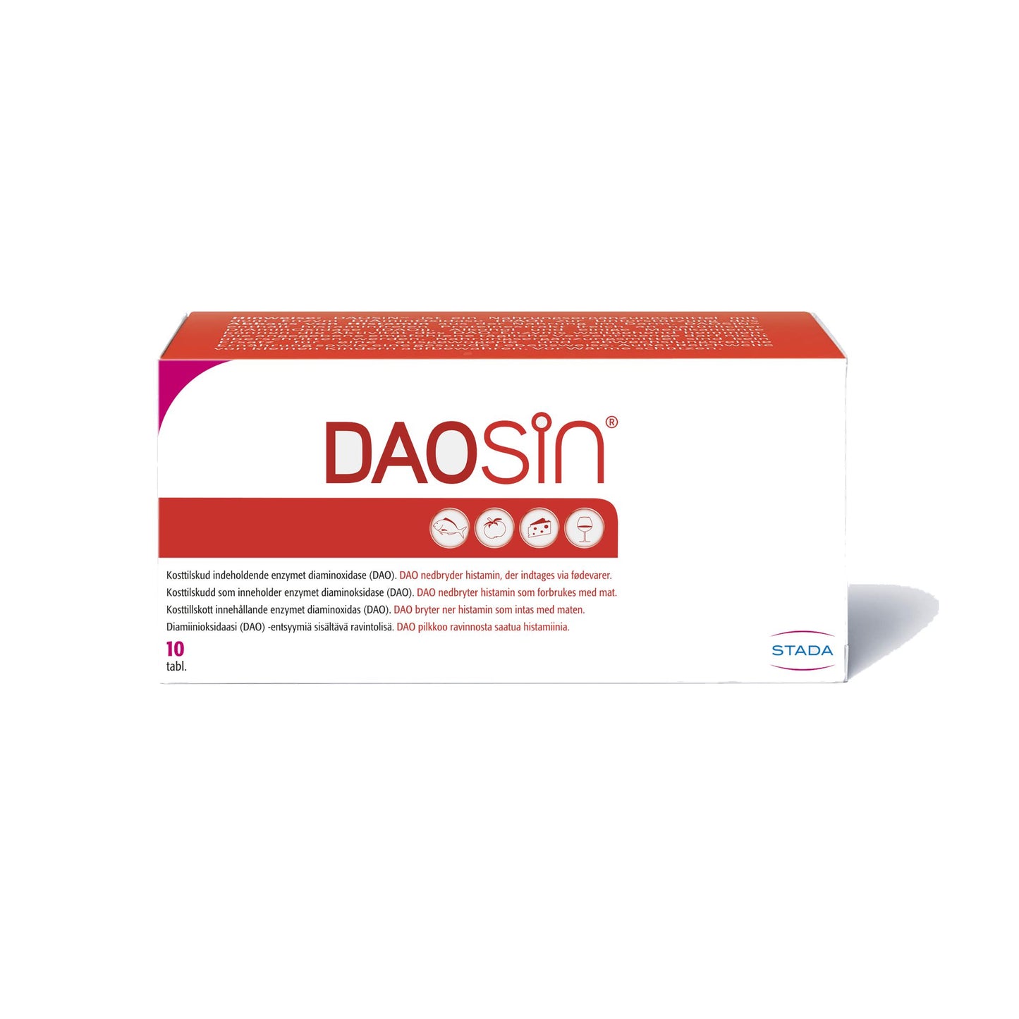 DAOSin-ravintolisätabletit, STADA, 10 tablettia; valkoinen ja punainen pahvipakkaus mattapinnalla, kuvakkeita histamiini-intoleranssin tueksi; suorakulmainen laatikko, tuotenimi lihavoidulla groteskifontilla, mahasymboli ja tablettikuvitus; teksti englanniksi ja saksaksi; vaalea tausta, ei ihmisiä tai rekvisiittaa.