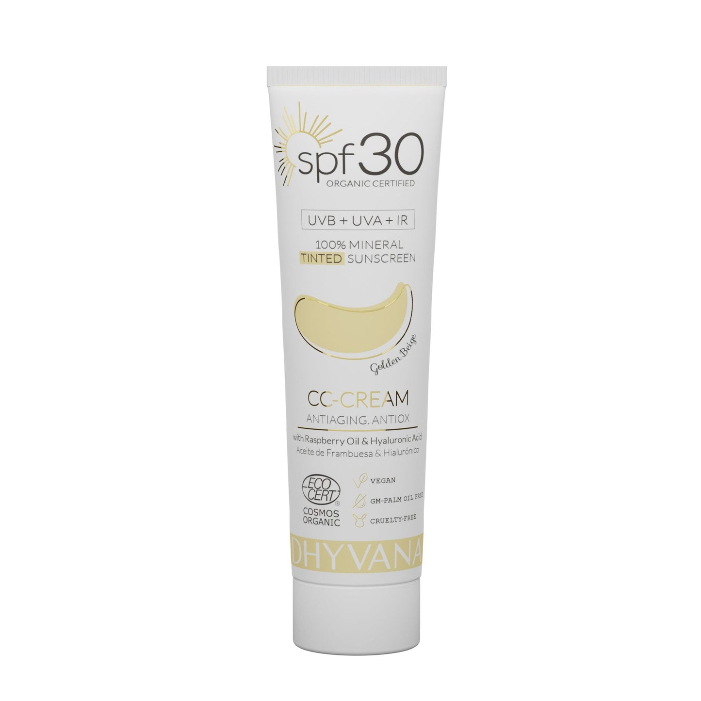 Dhyvana CC Sävytetty aurinkovoide kasvoille SK30 Golden Beige; tuubi Ohyvana CC-Cream SPF 30 -mineraaliaurinkosuojaa, merkitty luomuksi, vegaaniseksi ja eläinkokeettomaksi, sävytetty vadelmaöljyllä ja hyaluronihapolla kosteuttavaa peittoa varten valkoisella taustalla; tuubi keskikokoinen mattapintaisena, pystysuunnassa pyöristetyin reunoin ja ruuvikorkilla; päätekstin kirjasin groteskia iso- ja pienaakkosin; ei ihmisiä tai rekvisiittaa kuvassa.