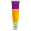 A colorful tube labeled THE JUICE Moisturizing Power Fluid features blocks of purple, orange, yellow, and green arranged vertically. The tube has a white cap at the bottom and a glossy finish. The product is cylindrical and plastic. Typography is bold and sans-serif on the front. There are no people or hands visible; background is plain and light-colored.