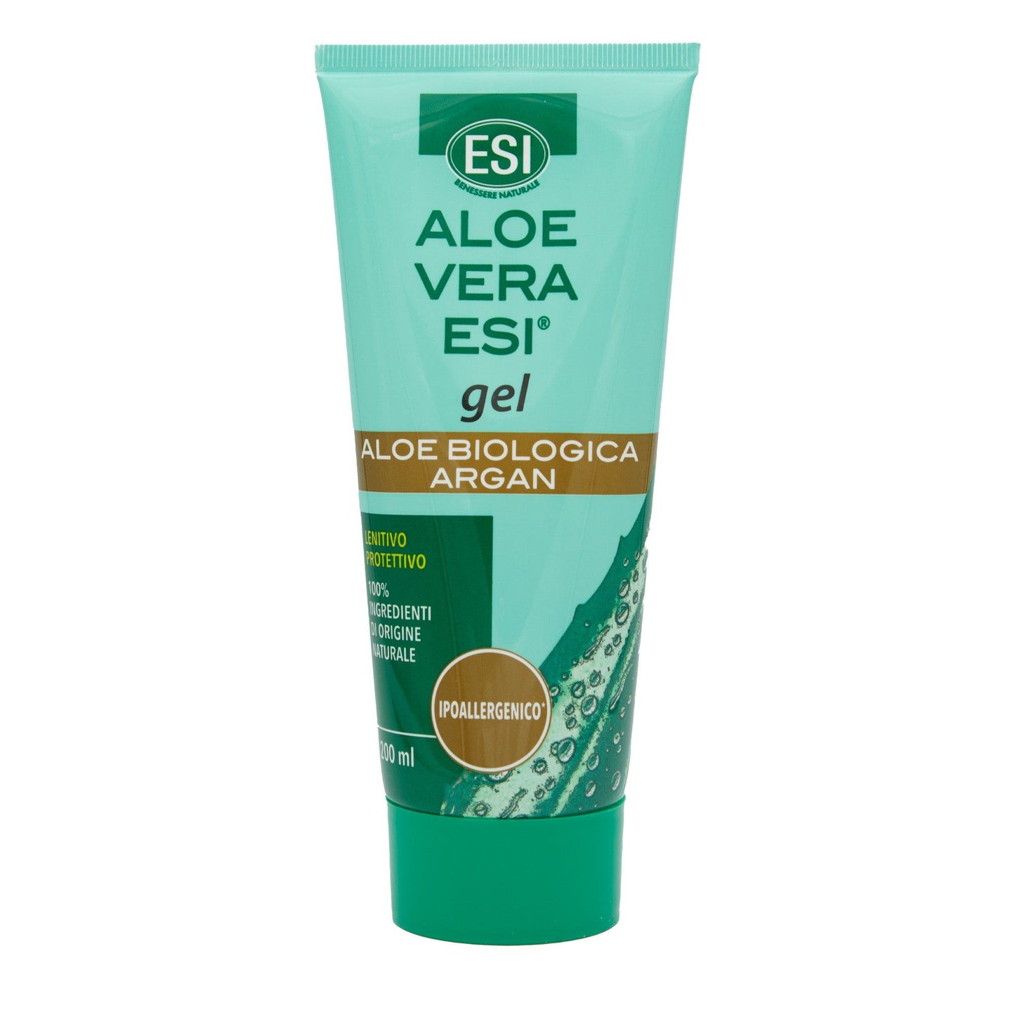 ESI Aloe Vera geeli + arganöljy; vihreä, kiiltäväpintainen ja lieriön muotoinen tuubi läppäkorkilla; keltaista ja valkoista tekstiä: "Aloe Biologica", "Ipoallergenico", "100 ml".