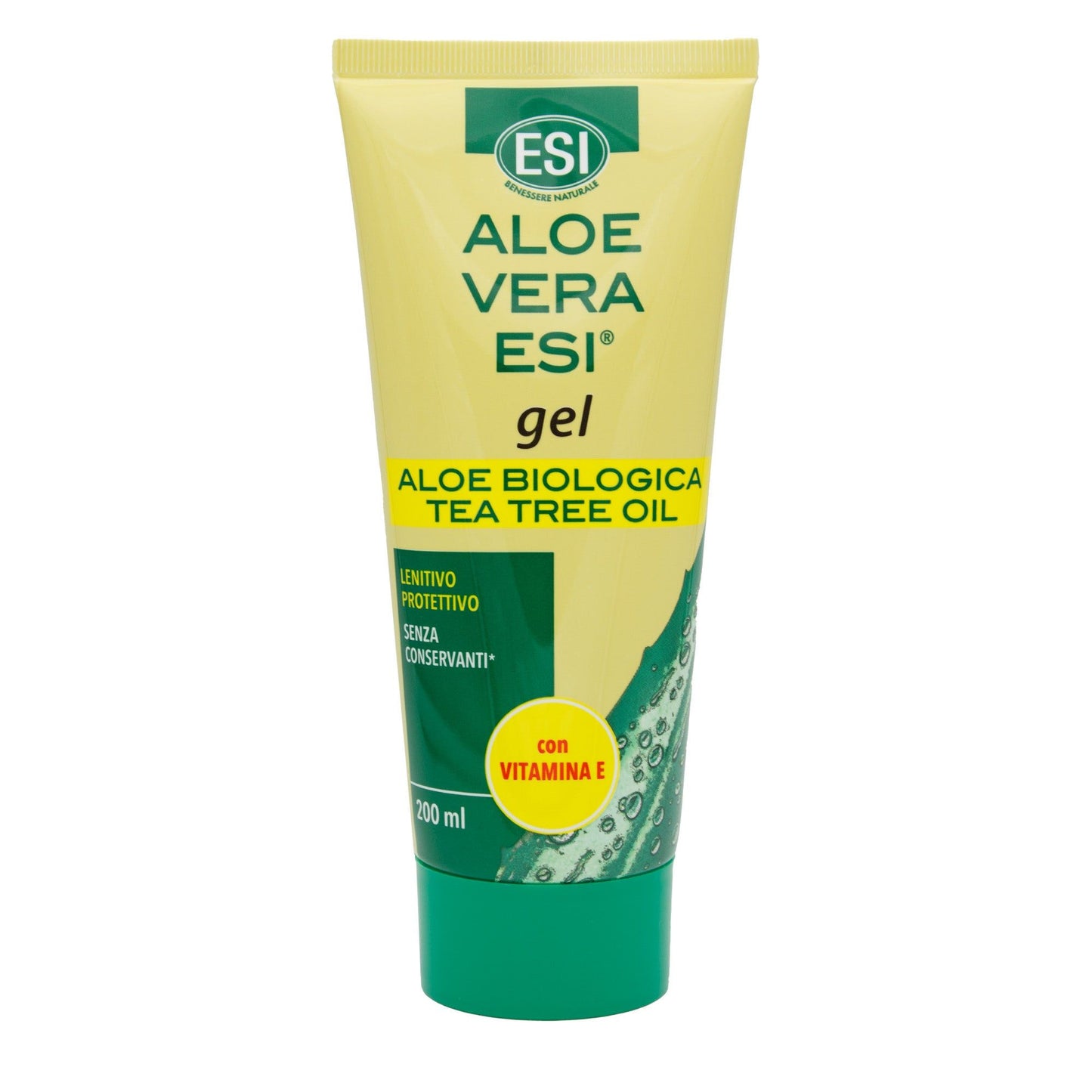 A yellow and green tube of ESI Aloe Vera Gel with Tea Tree Oil, enriched with vitamin E for protective care. This organic, preservative-free formula comes in a 200 ml tube. Packaging is a glossy plastic squeeze tube with a flip-top cap, upright on a white background. Main product name is in bold sans-serif font, smaller text below lists ingredients and volume; all text is clearly legible. No people or hands are present.