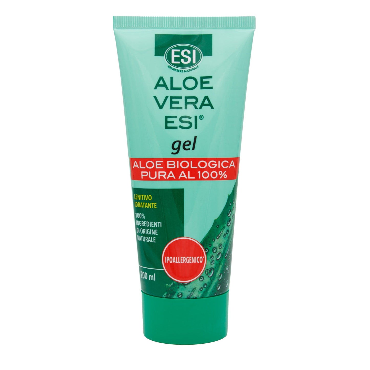 A tube of ESI Aloe Vera Gel with green packaging, red label, and text in Italian highlighting 100% pure organic aloe and hypoallergenic properties. The tube contains 200 ml and offers soothing benefits for sensitive skin. Plastic squeeze tube with a matte finish, tapered shape, upright cap. Bold sans-serif typography on the label. Product photographed against a plain white background with no people or hands visible in the shot.