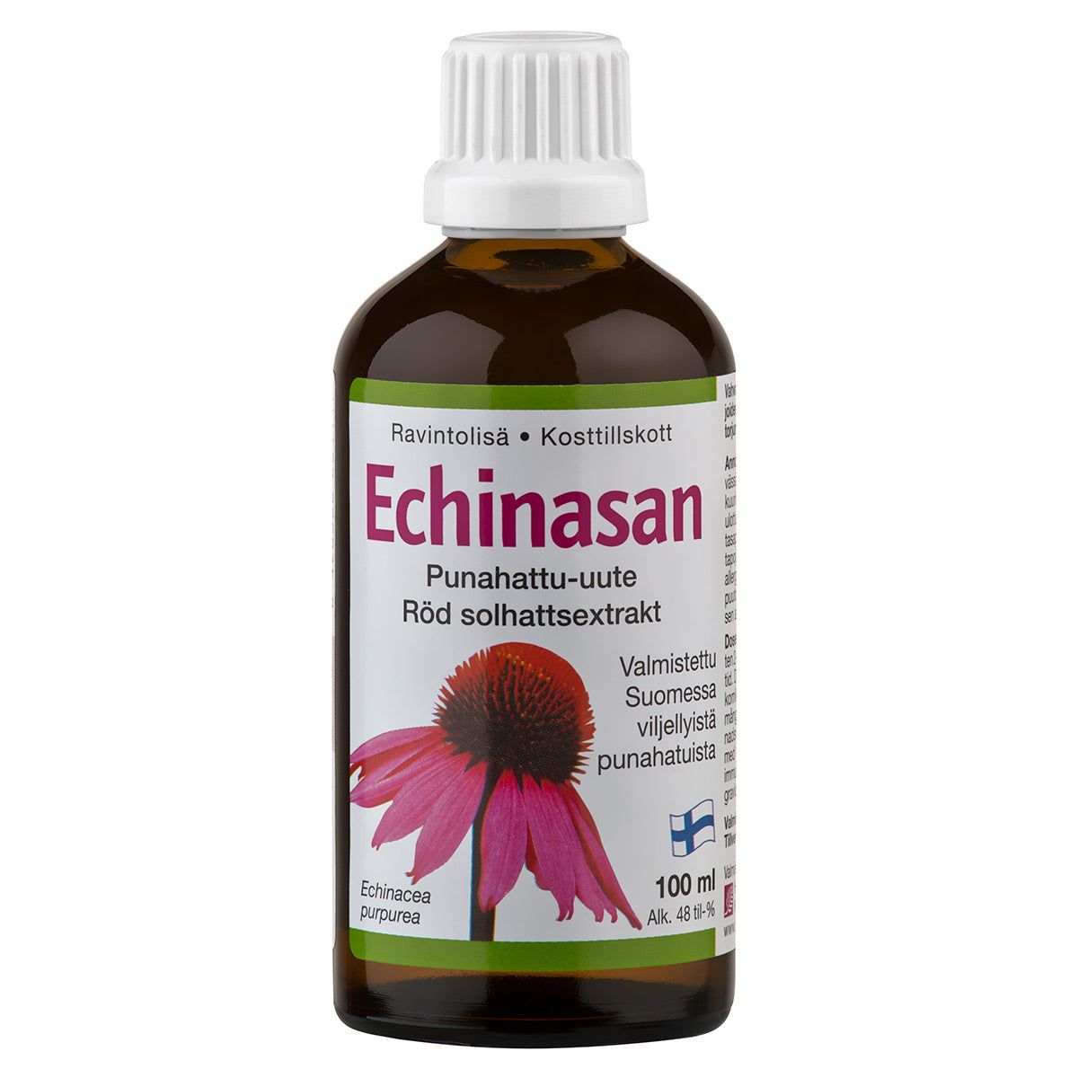 A brown glass bottle labeled Echinasan, featuring an image of a pink Echinacea flower, contains 100 ml of Echinacea extract. The rectangular label wraps around the cylindrical bottle and uses clean, sans-serif typography in two languages. Label text is black on white with some yellow accents. Background is plain white with no visible people or actions.