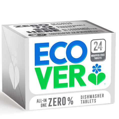 Box of Ecover dishwasher tablets, featuring 24 wrapper-free tablets, with bold blue and green text, heart-leaf logo, and All-in-one Zero% Dishwasher Tablets on the front. Packaging is rectangular cardboard with a matte finish. Label includes clear sans-serif typography. The background is plain white. No people or hands in the shot; product shown from the front.