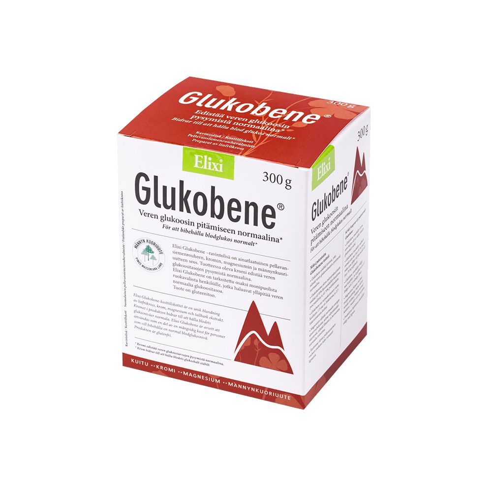 A box of Elixi Glukobene supplement, 300g, with Finnish text on a white and red package featuring a mountain graphic and the green Elixi logo, photographed against a plain white background. Rectangular box with matte finish; large bold typography for product name in red, smaller text detailing contents; green logo stands out on top half. No people or other objects are present. The packaging clearly highlights the mountain motif alongside the distinctive branding.