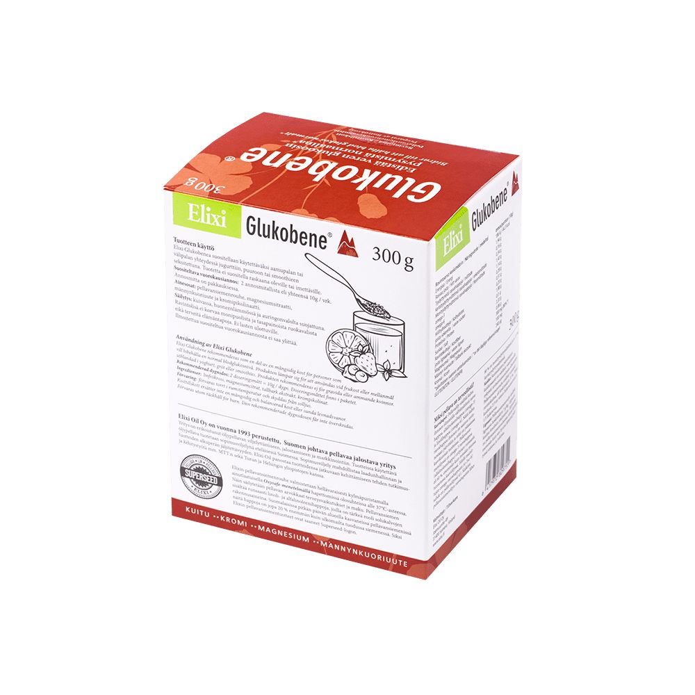 A box of Elixi Glukobene 300g dietary supplement with red, green, and white packaging, featuring product information, an illustration of a spoon and vegetables, and emphasizing dietary support. The rectangular cardboard box has a matte finish with bold sans-serif type for the brand name. The label displays “Glukobene 300g” clearly. There are no people or hands in the image; the product is shown against a plain background in a centered shot.