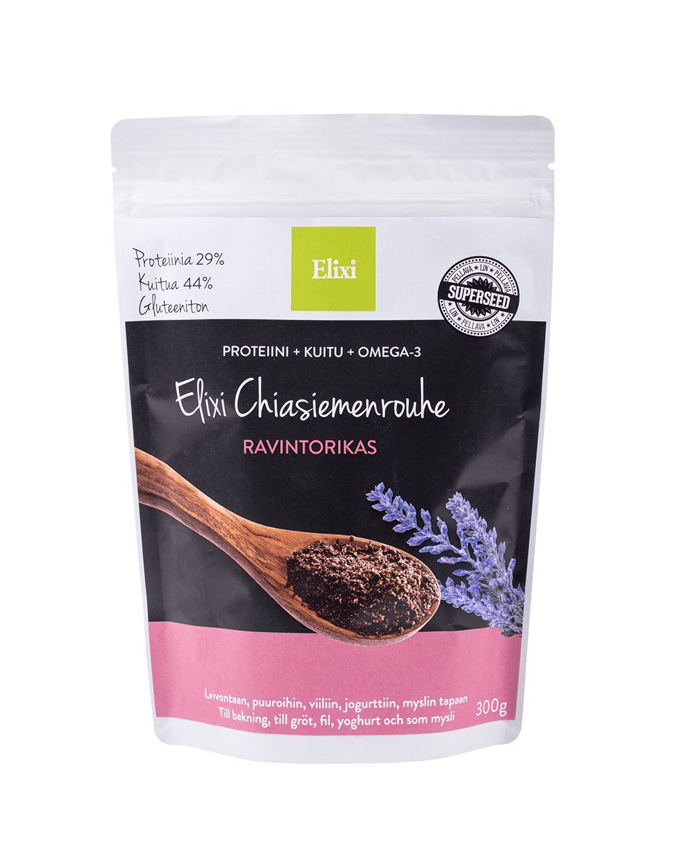 Elixi Chiasiemenrouhe; valkoinen uudelleensuljettava pussi Elixi-merkkiselle chiansiemenrouheelle, etiketissä puinen lusikka täynnä siemeniä ja laventelinoksa; mattapintainen suorakulmainen pakkaus saumasuljetulla yläosalla; etusivulla lohkomainen ravintosisältötieto mustalla tekstillä, suomenkielinen teksti; ei ihmisiä tai käsiä, vaalea tausta, suora tuotekuva.