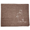 A brown textured placemat made of woven material with a matte finish; rectangular shape. In the bottom right corner, there is a white line drawing of a cartoon hippopotamus-like character waving. No text or packaging visible. Shot is taken from overhead on a plain background. No people or actions present. A brown textured placemat features a white line drawing of a cartoon hippopotamus-like character waving in the bottom right corner, adding a playful touch to your table setting.