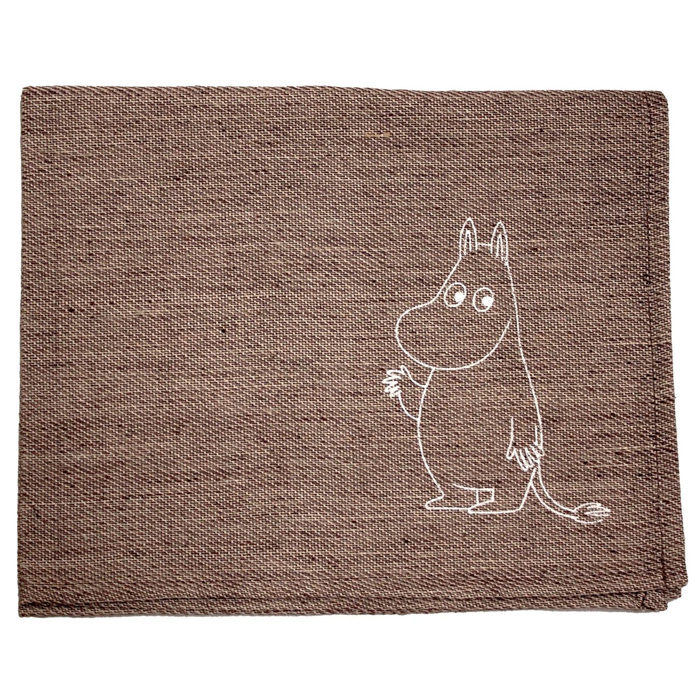 A brown textured placemat made of woven material with a matte finish; rectangular shape. In the bottom right corner, there is a white line drawing of a cartoon hippopotamus-like character waving. No text or packaging visible. Shot is taken from overhead on a plain background. No people or actions present. A brown textured placemat features a white line drawing of a cartoon hippopotamus-like character waving in the bottom right corner, adding a playful touch to your table setting.