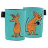 Two teal can coolers, cylindrical shape, matte finish, no visible packaging. Each features printed cartoon orange mice with large ears and tails; one mouse is standing with a shy expression, the other holds a black ball. No legible label text or branding. Plain background, product-only studio shot. Two teal can coolers featuring cartoon orange mice, one standing with a shy expression and the other holding a black ball, both with large ears and tails—perfect for keeping your drinks cool in style.
