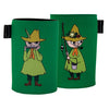 Two green drink sleeves featuring cartoon characters: one plays a harmonica and wears a feathered hat, the other holds a fishing rod and wears a hat decorated with flowers. Both wear green outfits and brown boots. Made of soft fabric with matte finish; surface displays printed designs only—no visible labels or packaging. Neutral background, no people or hands present, frontal product shot.