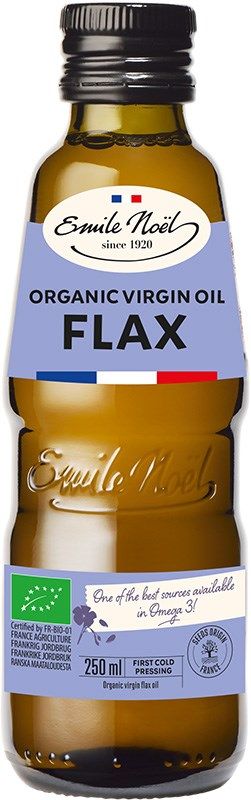 A brown glass bottle with a glossy finish, cylindrical shape, and screw cap. The label is matte with dark green and gold typographic elements, sans-serif and script fonts. Text reads: Emile Noël Organic Virgin Oil Flax, 250 ml, first cold pressed, with certifications and mention of Omega 3 source and organic. White background; no people or props visible.