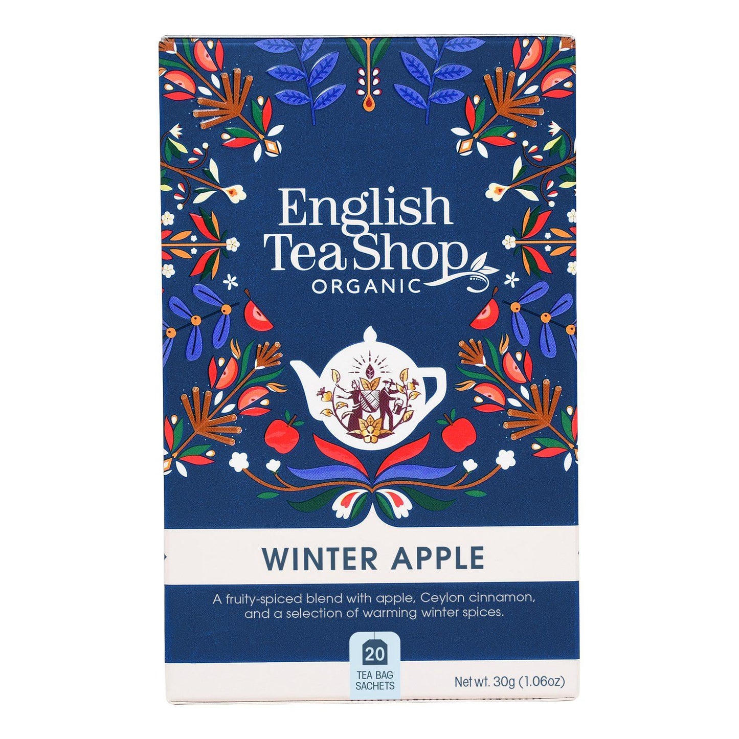 English Tea Shop Luomu Hauduke Winter Apple – tummansininen kukka- ja omenakuvioinen pakkaus, 20 teepussia
