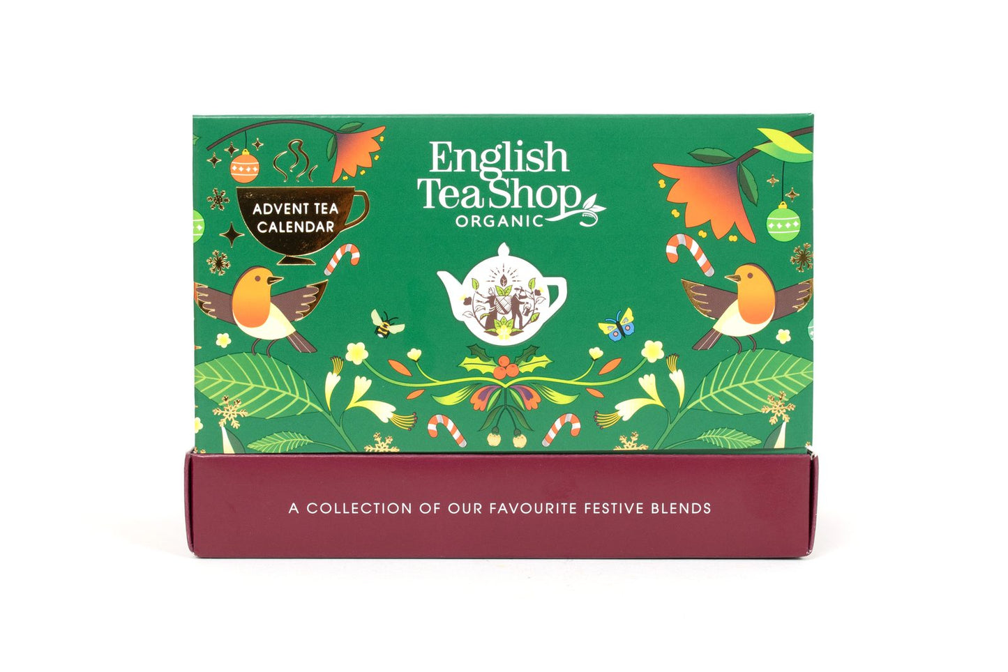 English Tea Shop Luomu Teejoulukalenteri Aarrearkku, vihreä pakkaus edestä – viininpunainen pohja ja punarintakuvitus