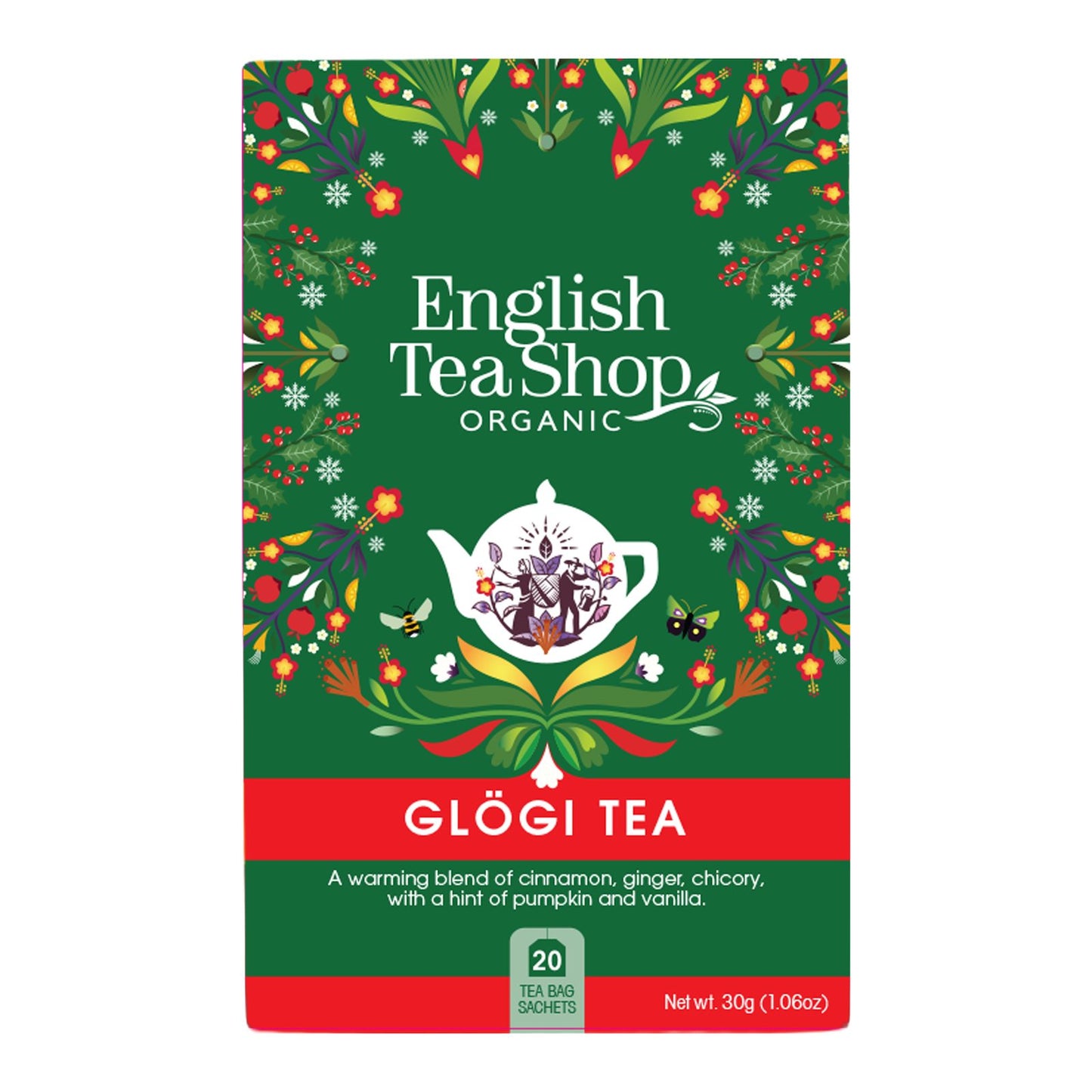 English Tea Shop Luomuhauduke Glögi – vihreä joulukuvioinen pakkaus, punainen Glögi Tea -nauha, 20 teepussia