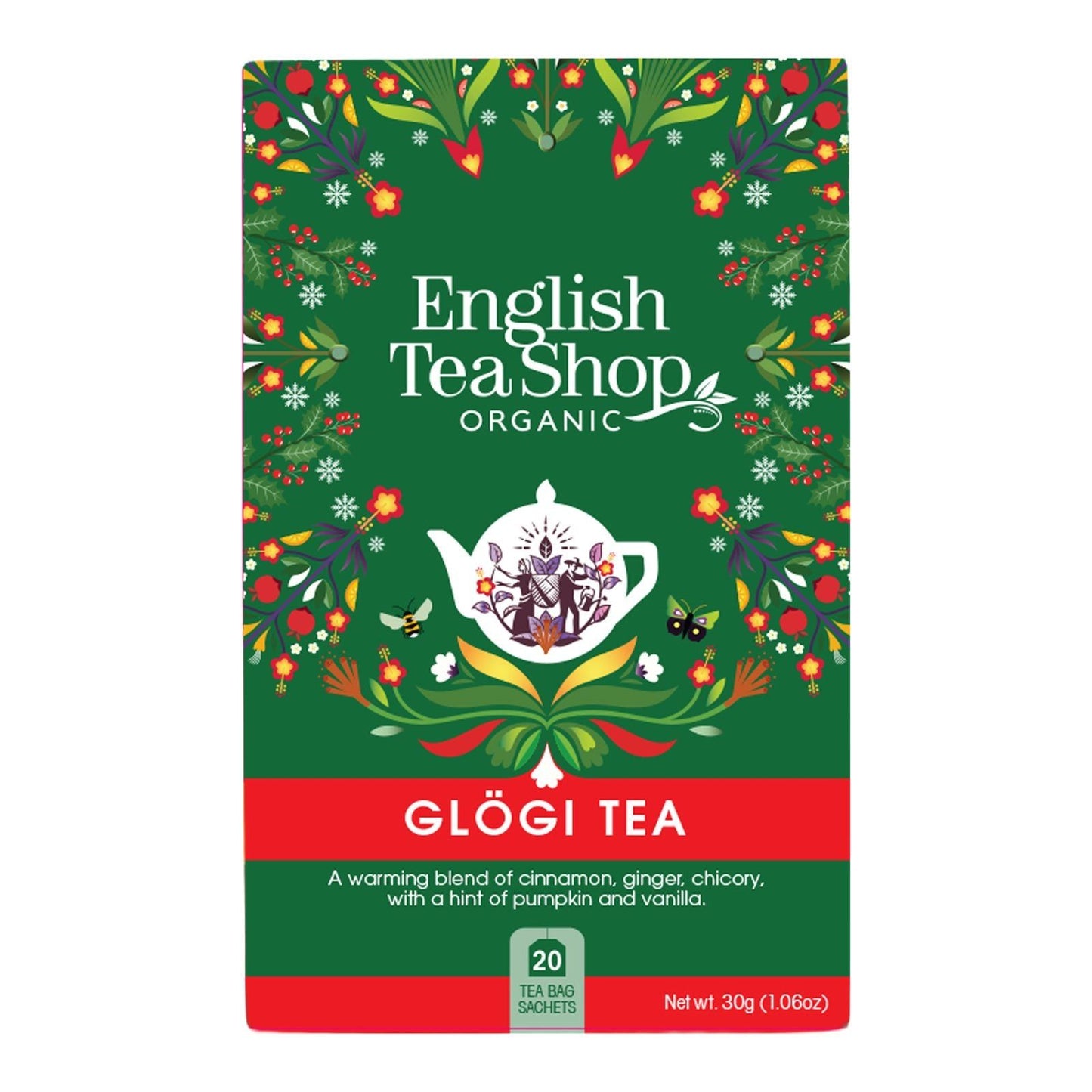 English Tea Shop Luomuhauduke Glögi – vihreä joulukuvioinen pakkaus, punainen Glögi Tea -nauha, 20 teepussia