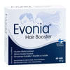 Evonia Hair Booster -pakkaus, suorakulmainen mattapintainen rasia, sininen teksti ja grafiikka, tyylitelty mies- ja naissilhuetti hiuksin, Suomen lippu -kuvake; groteskiteksti, 60 tablettia