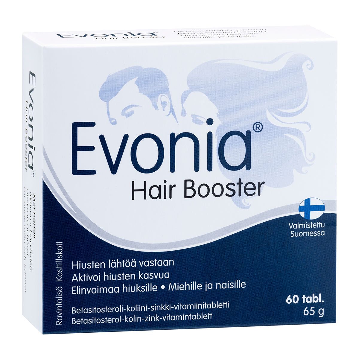Evonia Hair Booster -pakkaus, suorakulmainen mattapintainen rasia, sininen teksti ja grafiikka, tyylitelty mies- ja naissilhuetti hiuksin, Suomen lippu -kuvake; groteskiteksti, 60 tablettia