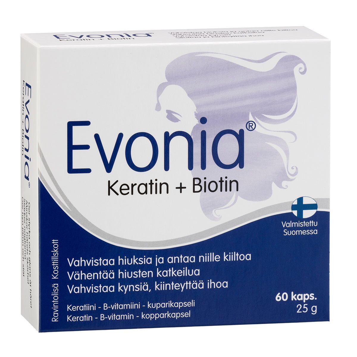 Evonia Keratin + Biotin -pakkaus, 60 kapselia; suorakulmainen, mattapintainen ja valkoinen rasia sinisin korostuksin; suomenkielinen teksti sekä abstrakti viivapiirros hiuksista ja kynsistä; pääteksti mustaa ja sinistä tekstausvapaata kirjasinta; kuvattu yksiväristä taustaa vasten, ei ihmisiä tai käsiä näkyvissä.
