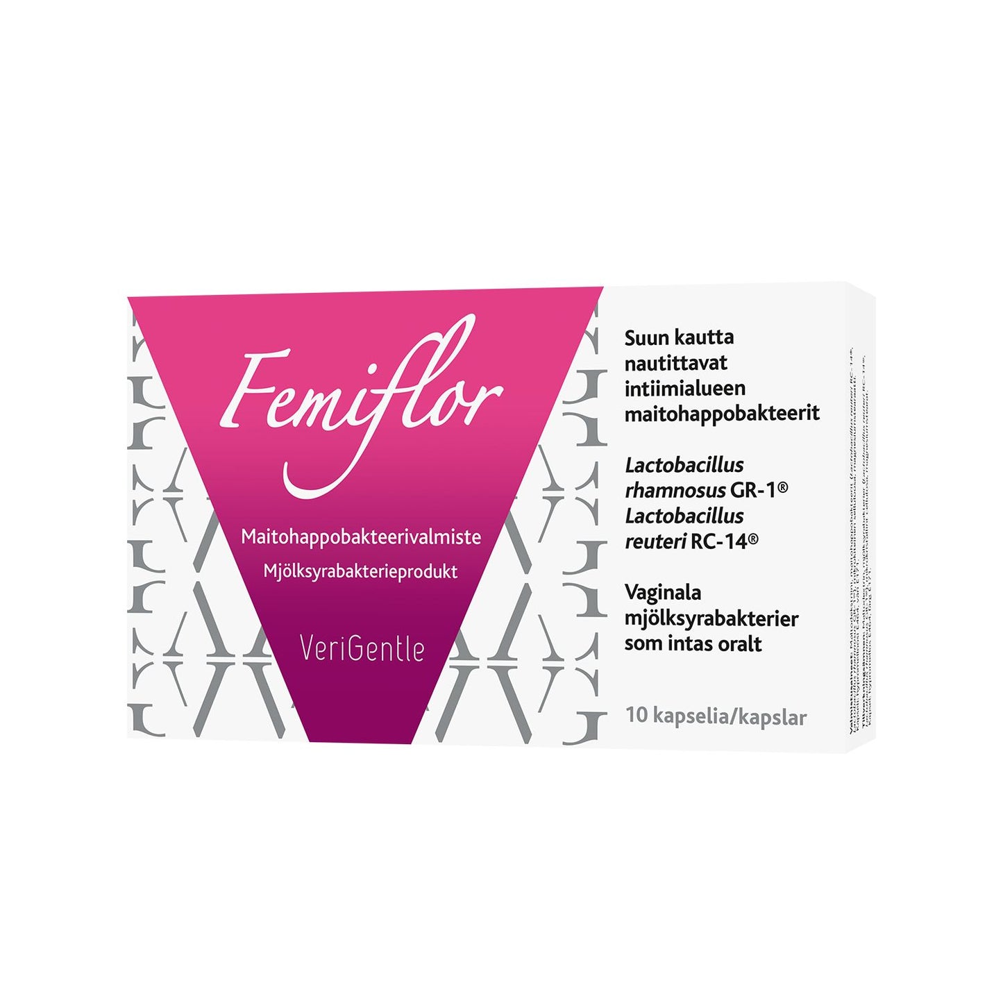 Rectangular Femiflor box with matte finish, predominantly white with a prominent pink triangle on the front. Product name appears in clear sans-serif type, along with text in Finnish and Swedish. Label states 10 capsules of lactic acid bacteria for oral use with specific Lactobacillus strains and VeriGentle formula. No people or hands visible; plain background; standard product shot.