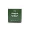 A green rectangular box of Fiini Perkele salt soap made of cardboard has a matte surface. The front displays bold, white sans-serif lettering with the words Suolasaippua, Salt Tyäl/Soap, 100% Natural, and 100% Vegan printed once. No people or hands are present. The background is plain and uncluttered. The shot is a straightforward product photo at eye level.