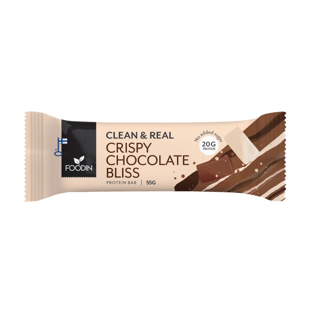 A beige Foodin protein bar wrapper labeled Crispy Chocolate Bliss features a chocolate splash design, highlighting Clean & Real ingredients, no added sugar, 20g protein, and a 55g size. The wrapper is rectangular with a matte finish. Text is mainly bold sans-serif. The background is plain and evenly lit. No people or hands are visible in the image.