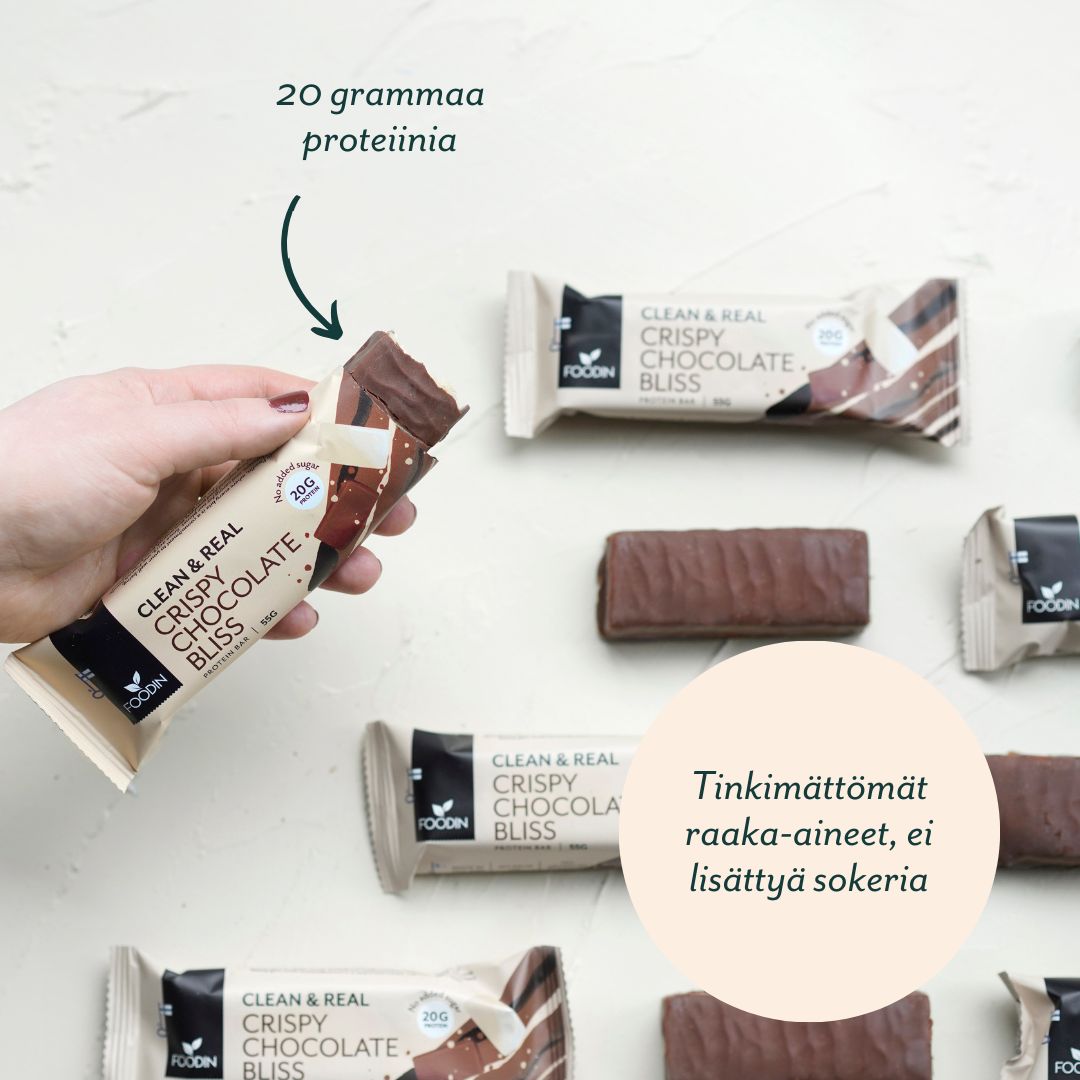 A hand holds a rectangular Crispy Chocolate Bliss protein bar in metallic packaging, with multiple identical bars arranged on a solid white background. The wrapper features both matte and glossy finishes with bold sans-serif Finnish text stating 20 grams of protein and no added sugar. Placeholder: A hand holds a Crispy Chocolate Bliss protein bar with more bars displayed on a white background. Finnish text highlights 20 grams of protein and no added sugar.